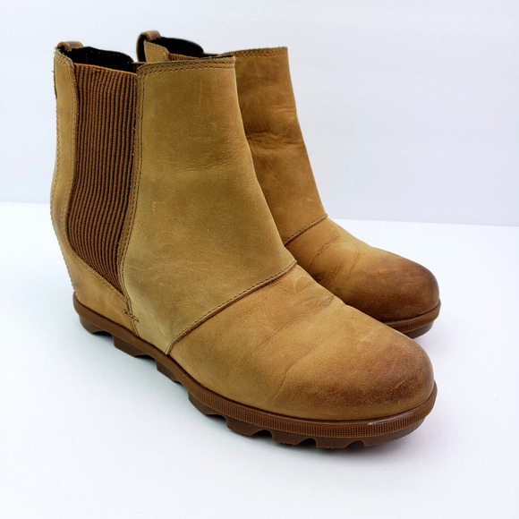 Sorel Joan Of Arctic Womens Size Tan Leather Hidden Wedge Ankle